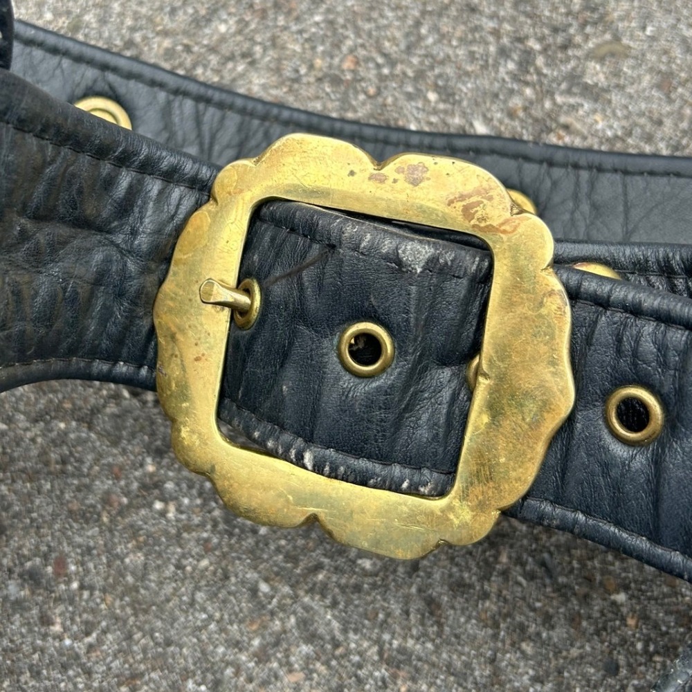 Hog Skins Black Leather Motorcycle Chaps Brass Buckle Made in USA Mens XS M - Picture 4 of 9
